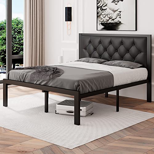 Full Size Metal Bed Frame with Faux Leather Button Tufted Headboard, view 4