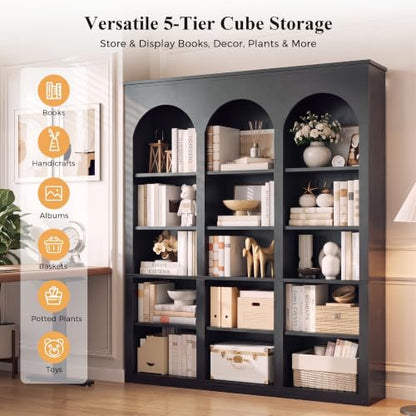 71" Triple Arched Bookcase, Tall Bookshelf with Shelves, Black, view 5