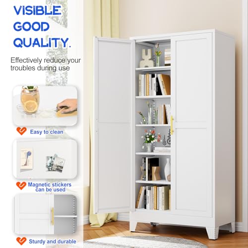 75.2" Tall Metal Storage Cabinet with 2 Doors and 5 Adjustable Shelves, New upgrade Kitchen Pantry Cabinet, White Freestanding Cupboard, 6 Tier Steel Storage for Office, Kitchen, Dining, Garage