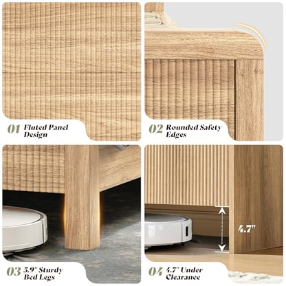 3-Piece Modern Fluted Bedroom Furniture Set, Including Wood Queen Size Bed Frame with Headboard & Footboard and Storage Night Stand Set of 2, Wooden Bedframe and Nightstand Sets, Natural Oak