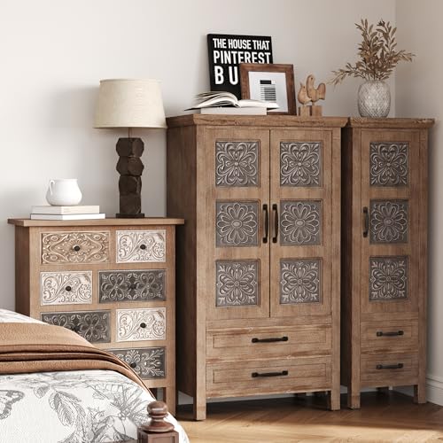 Vintage Accent Cabinet with 8 Hand-Carved Drawers, Boho Rustic Wood Storage Chest, Fully Assembled Distressed Apothecary Console for Entryway, Living Room & Bedroom