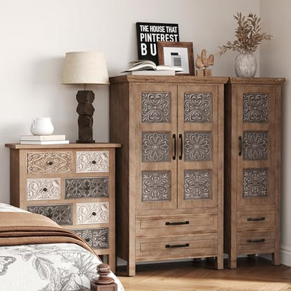 Vintage Accent Cabinet with 8 Hand-Carved Drawers, Boho Rustic Wood Storage Chest, Fully Assembled Distressed Apothecary Console for Entryway, Living Room & Bedroom