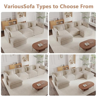 Modular Sectional Sofa, 111.5 Inch L Shaped Couch Set for Living Room, 3-Seater Comfy Cloud Couches with Movable Ottoman, DIY Combination, Chenille, Light Coffee
