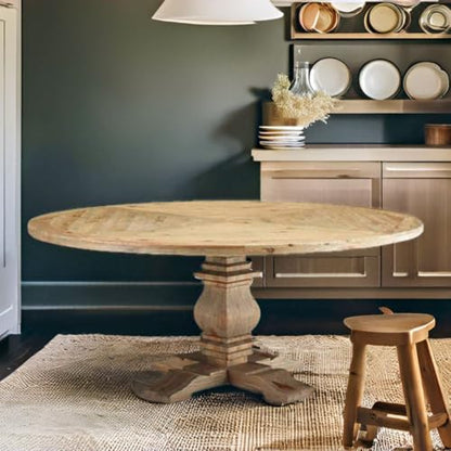 71-Inch Round Farmhouse Dining Table Rustic Solid Pine Wood Sturdy Pedestal Base Brown Finish Classic Vintage Style for Family Meals Modern Country Chic Home Furniture
