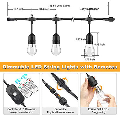 3 Color Outdoor LED Dimmable String Lights for Patio with Remote, Plug in 48FT Waterproof Shatterproof Edison Bulb Lights for Bistro Pergola