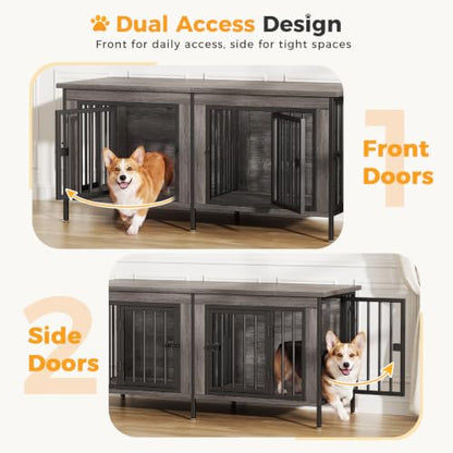 54" Double Dog Crate Furniture for 2 Dogs, Gray Wood Grain, view 3