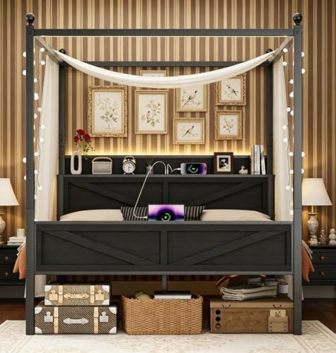 Canopy Bed Frame Queen Size with Storage Headboard, Black, view 5