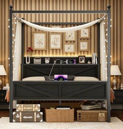 Canopy Bed Frame Queen Size with Storage Headboard, Black, view 5