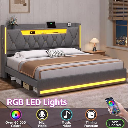 King Size Bed Frame with Storage Headboard and LED Lights, view 4