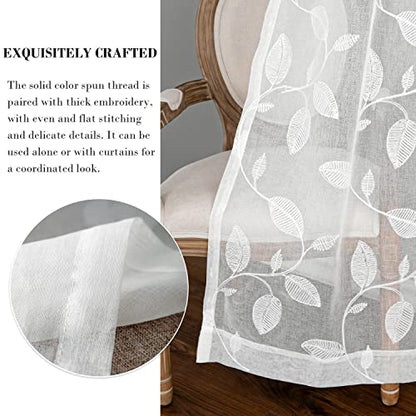 White Sheer Curtains 84 inches Long Leaves Embroidered Window Curtain Sheer Voile Panels for Living Room & Bedroom, 54x84, Two Panels