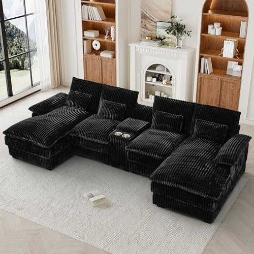 124" U Shaped Cloud Couch Sectional, Comfy Fluffy Plush Corduroy Black Sectional Couches for Living Room, Modern Modular Corduroy Couch Sectionals with Central Console & Double Chaise Lounge