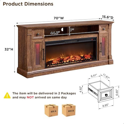 70" Farmhouse Fireplace TV Stand for TVs Up to 80", Reclaimed Barnwood | 42" Electric Fireplace, Color Changing Flame, 2 Open Cubbies, 2 Spacious Drawers, LED Glass Door Cabinets, Retro Handles