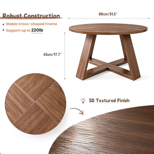 Round Coffee Table for Living Room, Circle Modern Coffee Table with Open Storage & Cross Base, Walnut Wooden Grain Accent Center Table for Small Space, Office, Apartment, Rustic Brown