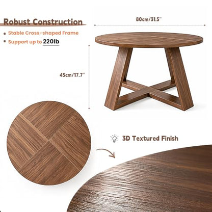Round Coffee Table for Living Room, Circle Modern Coffee Table with Open Storage & Cross Base, Walnut Wooden Grain Accent Center Table for Small Space, Office, Apartment, Rustic Brown