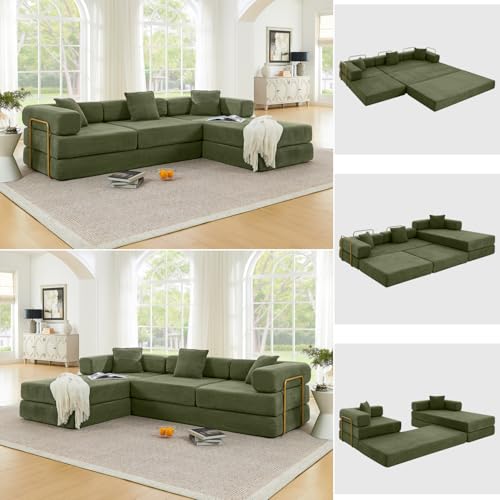 108" Modular Sectional Sofa, Futon Convertible Sofa Bed,Oversized Corduroy Boneless Couch for Living Room,Floor Loveseat Sleeper with Pull Out Bed,Free Combination,No Assembly Required (Green)