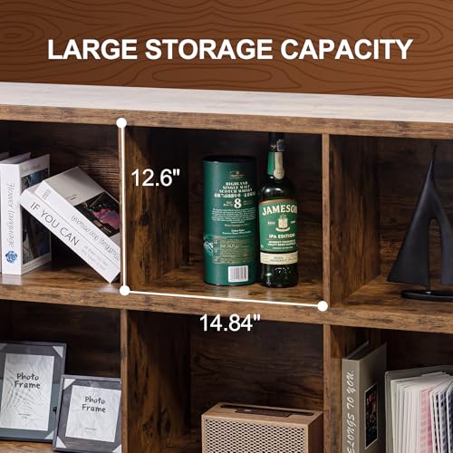 8 Cube Storage Organizer Bookshelf, Industrial Horizontal Bookcase, Accent Cubby Shelf, Media Console Table for Living Room, Home Office, 13.6" D x 63" W x 30.9" H, Rustic Brown