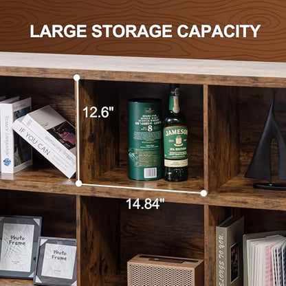 8 Cube Storage Organizer Bookshelf, Industrial Horizontal Bookcase, Accent Cubby Shelf, Media Console Table for Living Room, Home Office, 13.6" D x 63" W x 30.9" H, Rustic Brown