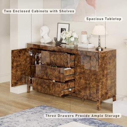 60" Glossy Burl Wood Sideboard Buffet with Storage, view 5