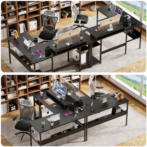 Reversible L Shaped Desk with Magic Power Outlets and Smart LED Light, Sturdy Corner Computer Desk with Monitor Stand & Storage Shelves, Gaming Table Home Office Desk, Easy Assembly, Black