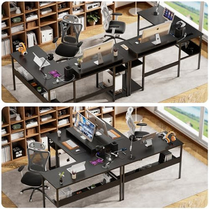 Reversible L Shaped Desk with Magic Power Outlets and Smart LED Light, Sturdy Corner Computer Desk with Monitor Stand & Storage Shelves, Gaming Table Home Office Desk, Easy Assembly, Black
