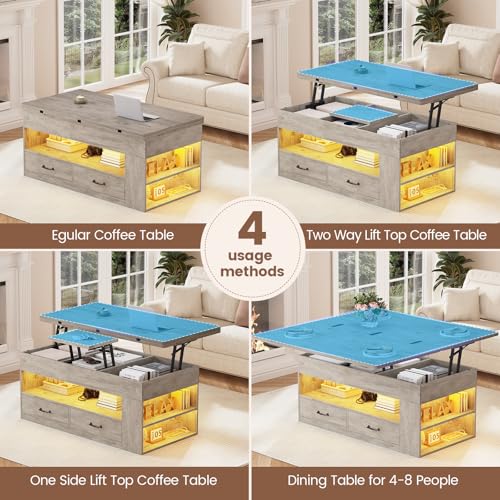 Lift Top Coffee Table, 4 in 1 Coffee Tables with Storage and Hidden Compartment, Farmhouse Coffee Table with 2 Fabric Drawers & LED Light for Living Room, Grey Oak