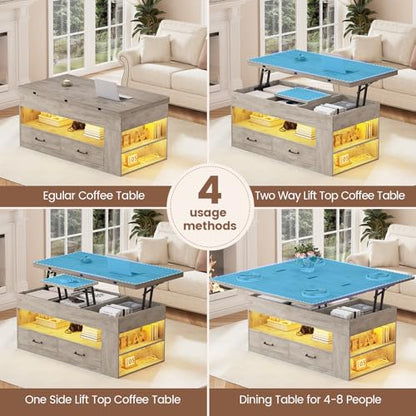 Lift Top Coffee Table, 4 in 1 Coffee Tables with Storage and Hidden Compartment, Farmhouse Coffee Table with 2 Fabric Drawers & LED Light for Living Room, Grey Oak