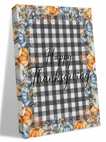 NuYeBiofx Happy Thanksgiving Fall Pumpkins Canvas Wall Art Prints,30"x20" Framed Picture Artwork Black White Check Printed Canvas Oil Painting for Living Room Bedroom Office,Ready to Hang