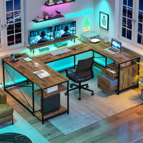 U Shaped Desk with Power Outlets & LED Lights, 79" Reversible L Shaped Desk with Drawers, Corner Computer Desk Office Desk with Monitor Stand & Storage Shelves, Rustic Brown