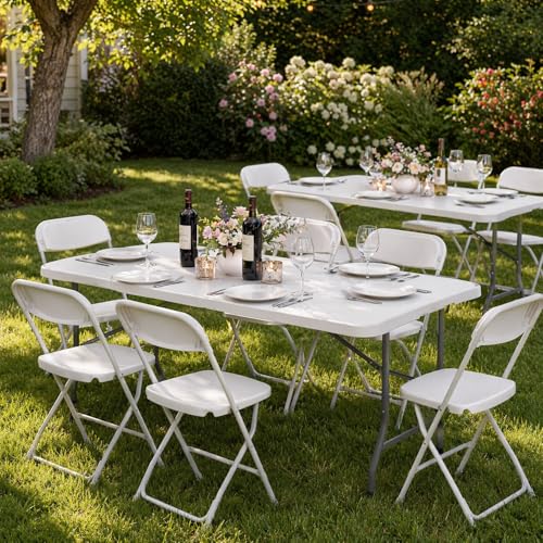 Folding Table 6 FT Lightweight Camping Table White Portable Plastic Rectangular Outdoor Dining Table Steel Legs Fold-in-Half with Carrying Handle for Indoor,Picnic,Party,Wedding,Events