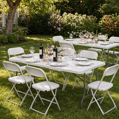 Folding Table 6 FT Lightweight Camping Table White Portable Plastic Rectangular Outdoor Dining Table Steel Legs Fold-in-Half with Carrying Handle for Indoor,Picnic,Party,Wedding,Events