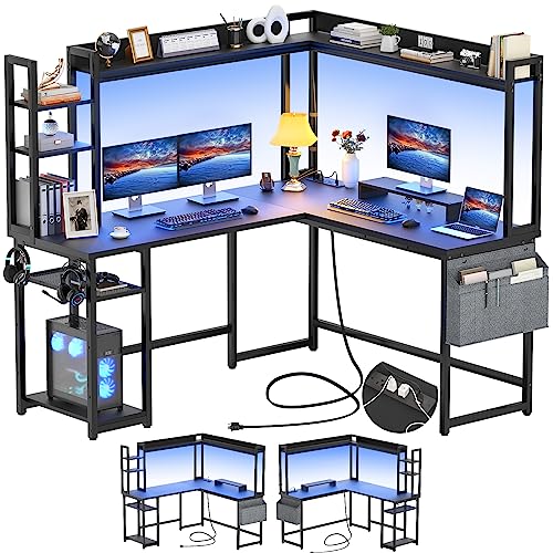 L Shaped Desk with Power Outlet, L Shaped Gaming Desk with Led Light & Hutch, Reversible Home Office Desk, Corner Computer Desk Writing Desk with Monitor Stand & Storage Shelves, Black