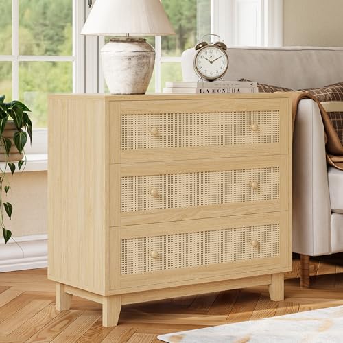 Rattan 3 Drawer Dresser for Bedroom, Small Boho Dresser with Wood Handles, Wood Nightstand, 29.52" Wide Modern Dresser, Chests of Drawers for Living Room, Entryway, Hallway, Natural Oak