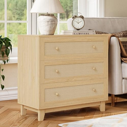 Rattan 3 Drawer Dresser for Bedroom, Small Boho Dresser with Wood Handles, Wood Nightstand, 29.52" Wide Modern Dresser, Chests of Drawers for Living Room, Entryway, Hallway, Natural Oak