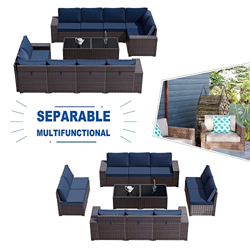 Outdoor Patio Furniture Set,12 Pieces Sectional Rattan Sofa Set Brown PE Rattan Wicker Patio Conversation Set with 10 Seat Cushions and 2 Tempered Glass Coffee Table,Navy Blue