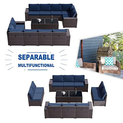 Outdoor Patio Furniture Set,12 Pieces Sectional Rattan Sofa Set Brown PE Rattan Wicker Patio Conversation Set with 10 Seat Cushions and 2 Tempered Glass Coffee Table,Navy Blue