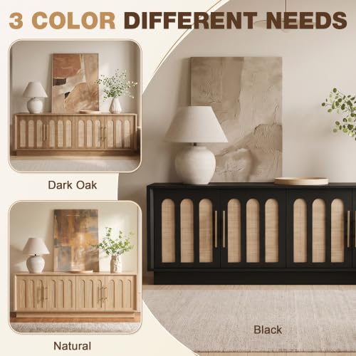 67" Arched Rattan Sideboard Buffet, 4 Door Adjustable Storage, Black, view 7