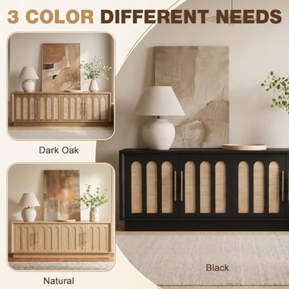 67" Arched Rattan Sideboard Buffet, 4 Door Adjustable Storage, Black, view 7