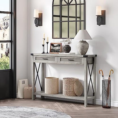 Farmhouse Entryway Table, Grey Console Table with Rattan Drawers, 43" Sofa Table with Storage, Console Tables for Entryway, Living Room, Hallway, Foyer-Grey