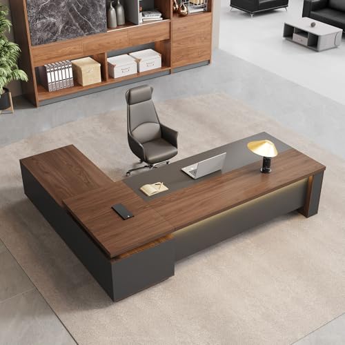 63" Reversible L-Shaped Executive Desk with Locking Drawers, Compact Office Desk for Home & Manager Office, Power Outlet, USB Ports, Storage Shelves, Privacy Panel & LED Light, Walnut Gray