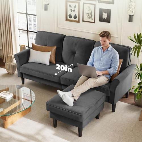 Sectional Couches for Living Room, 83" Velvet Modern 3 Seater Sofa, L Shaped Couch with Ottoman, Small Sectional Couch Sofas for Living Room, Bedroom, Apartment, Office, Grey Sofa