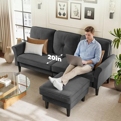 Sectional Couches for Living Room, 83" Velvet Modern 3 Seater Sofa, L Shaped Couch with Ottoman, Small Sectional Couch Sofas for Living Room, Bedroom, Apartment, Office, Grey Sofa