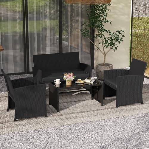 4 Pieces Patio Wicker Furniture Set, Outdoor Heavy Duty Rattan Cushioned Chairs, Loveseat and Tempered Glass Coffee Table, for Backyard, Balcony, Poolside (1, Black)