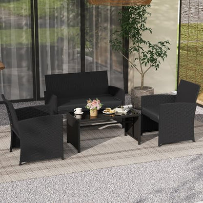 4 Pieces Patio Wicker Furniture Set, Outdoor Heavy Duty Rattan Cushioned Chairs, Loveseat and Tempered Glass Coffee Table, for Backyard, Balcony, Poolside (1, Black)