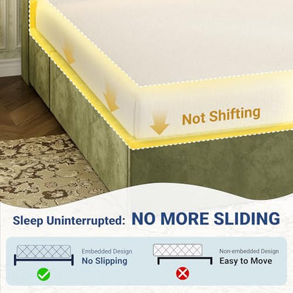 Queen Upholstered Platform Bed Frame with 3 Spacious Storage Drawers, Built-in LED Lights & Charging Station, Vertical Tufted Headboard with Shelf, No Box Spring Needed, Velvet Green