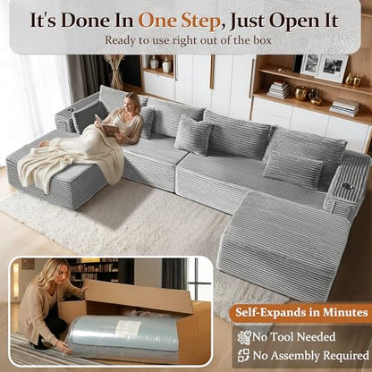 138" Oversized Cloud Sectional Couch, Comfort U Shaped Boneless Couch for Living Room, Extra Deep Seats No Assembly, Modular Sofa, Corduroy (Light Grey, 3 Seater+Left Facing Chaise+Ottoman)