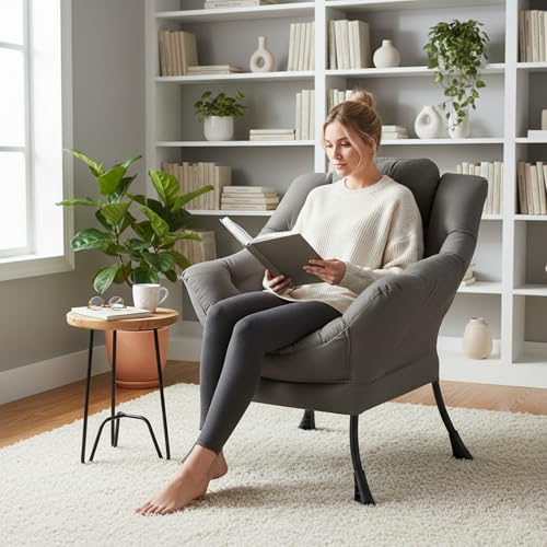 Dark Grey Single Lazy Chair for Living Room, Modern Reading Accent Chair with Armrests and a Side Pocket, Leisure Lazy Sofa Chair for Small Space, Bedroom, Dorm
