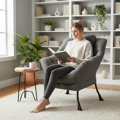 Dark Grey Single Lazy Chair for Living Room, Modern Reading Accent Chair with Armrests and a Side Pocket, Leisure Lazy Sofa Chair for Small Space, Bedroom, Dorm