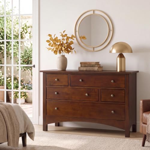 Jacob Solid Wood 5-Drawer Dresser for Bedroom, Living Room（Walnut）, view 4