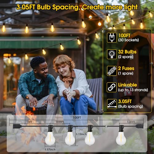 100FT LED Outdoor String Lights, Waterproof Patio Lights with 32 Shatterproof Dimmable 2700K A39 Bulbs Hanging Lighting for Outside Backyard