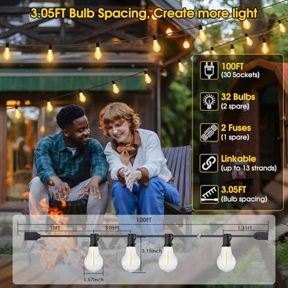 100FT LED Outdoor String Lights, Waterproof Patio Lights with 32 Shatterproof Dimmable 2700K A39 Bulbs Hanging Lighting for Outside Backyard